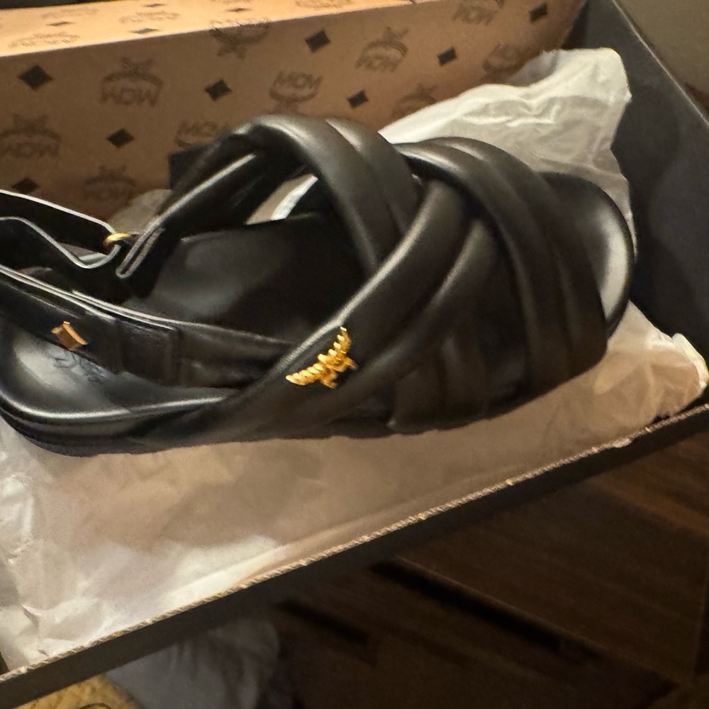 Authentic MCM Black Sandals with Gold Detail